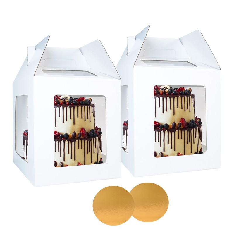 2 Pack Tall Cake Box Board 12x12x14 Inch Tiered Carriers Clear Windows Handle