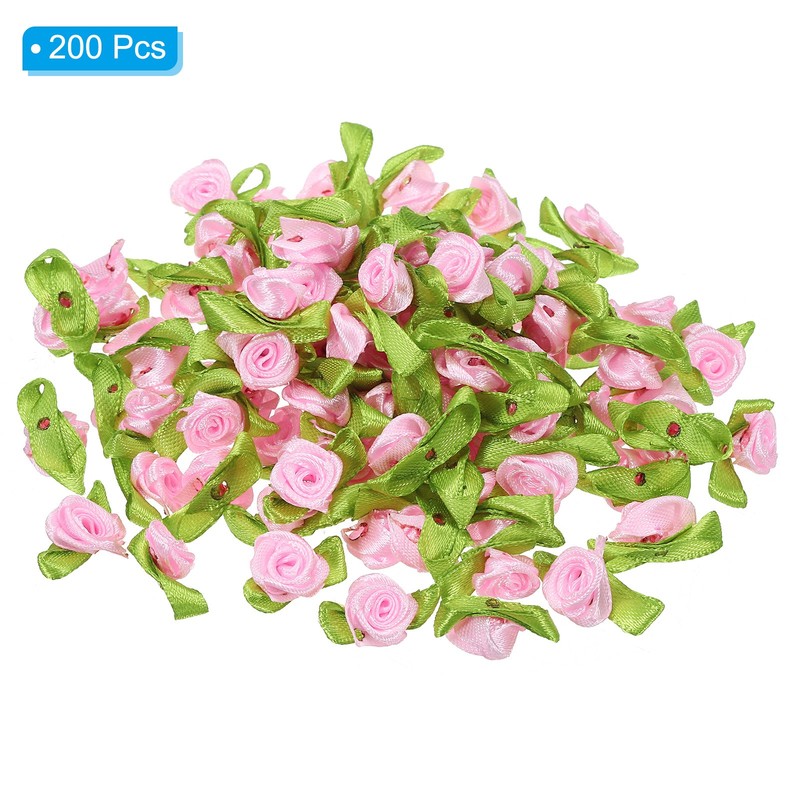Mini Ribbon Roses, 200 Pcs Tiny Satin Fabric Flowers with Green Leaves, Pink gallery