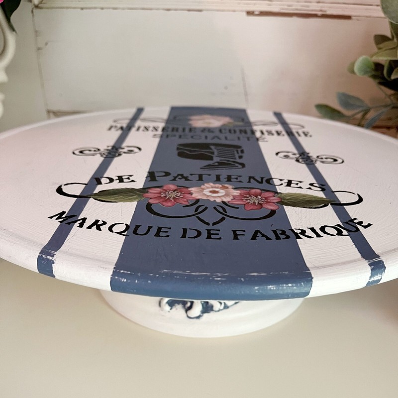 French Country Patisserie & Roses Cake Plate / Stand Riser Grain Sack Stripe gallery