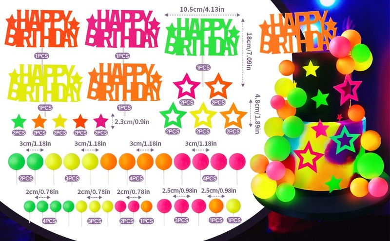 53pcs Neon Cake Decorations Glow Cake Toppers with Ball Star and Happy Birthday gallery