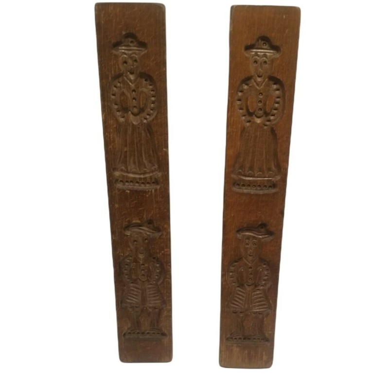 Pair of Vintage Carved Wooden Gingerbread Shortbread Cookie Butter Mold Dutch