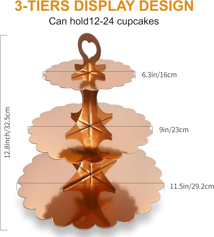 2 Pack 3 Tier Rose Gold Cupcake Stand for 24 Cupcakes, Cardboard Cake Tower for gallery