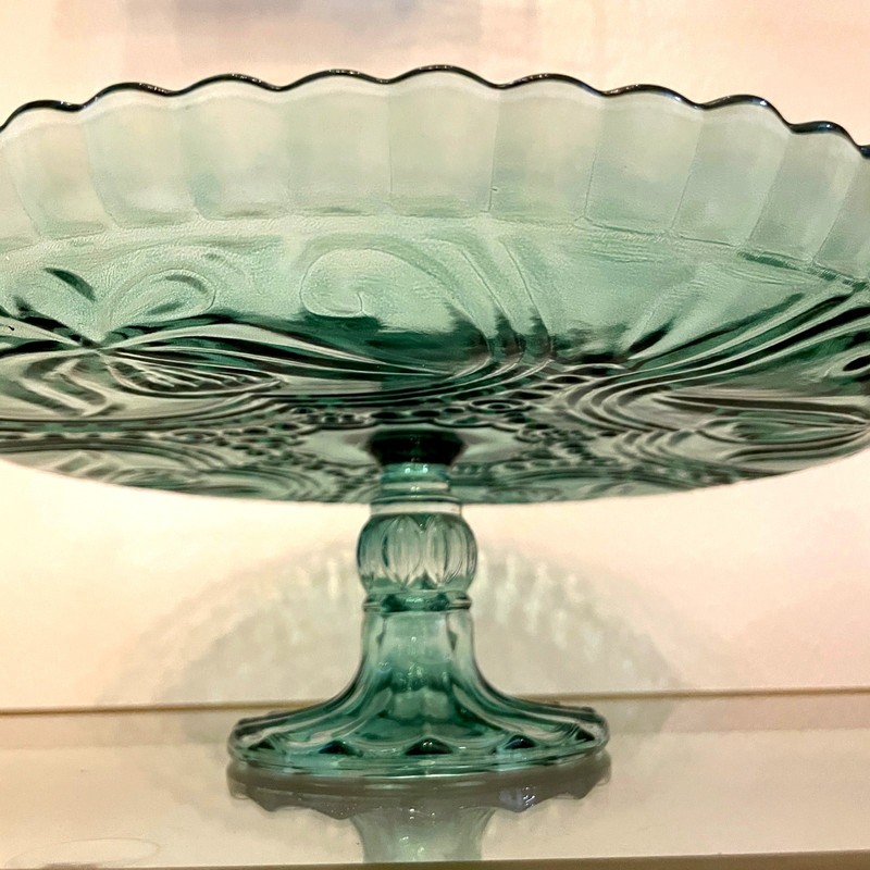Amici Home Green Floral Footed Glass Cake Stand 10in Round Vintage Style NEW gallery
