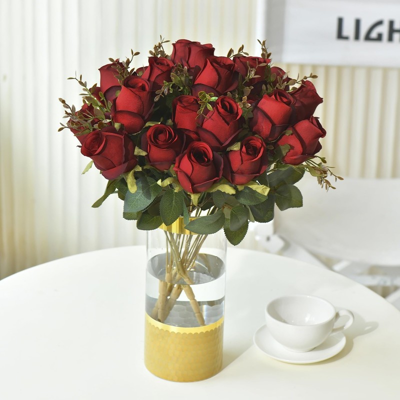 FlueHouzz Artificial Roses Flowers Fake Silk Rose Pack of 2, Z-burgundy gallery
