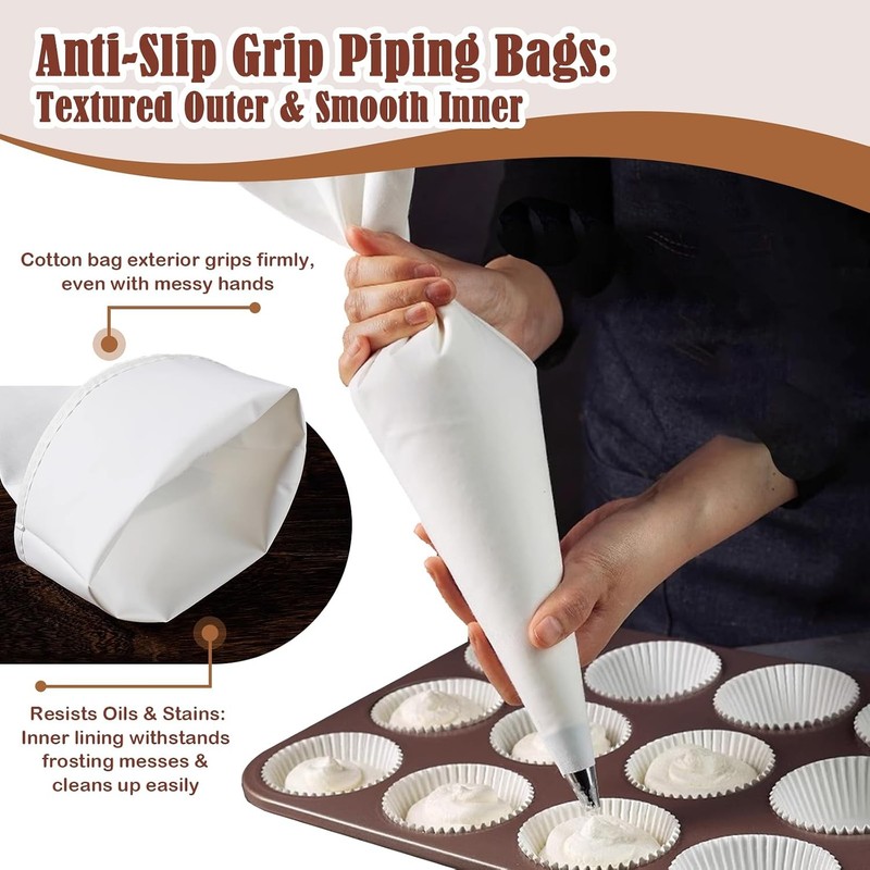 9-Piece Reusable Piping Bags & Tips Set- Cotton Baking Kit W/ Coupler Stainless gallery