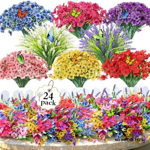 PARTY TONIGHT 24 Bundles Artificial Flowers for Outdoors Fake Spring Flowers