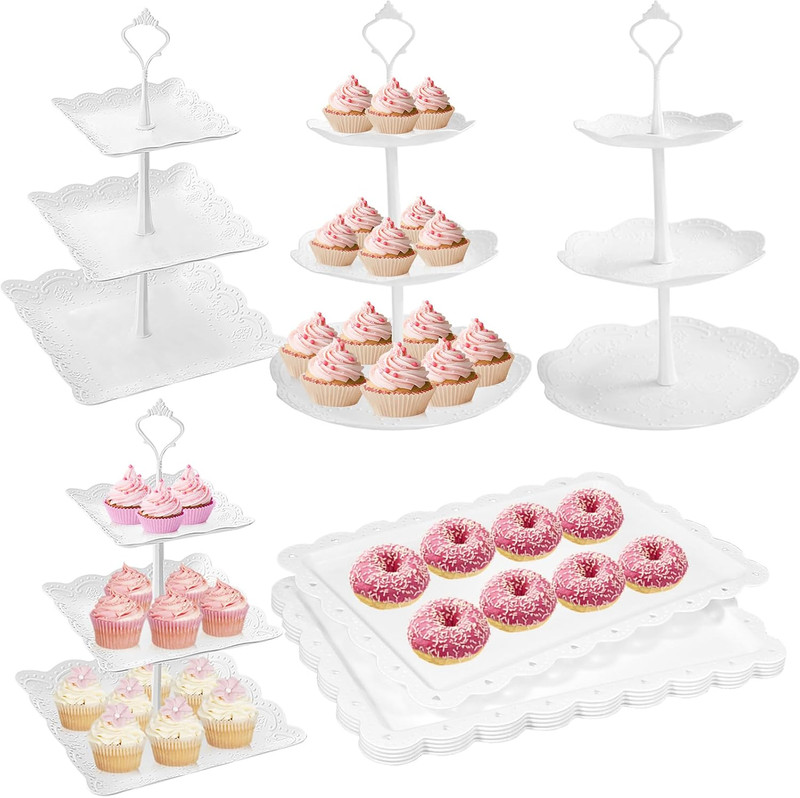 10 Pcs Cake Stand White Plastic Dessert Table Display Set 4 Pcs 3 Tired Cupcake