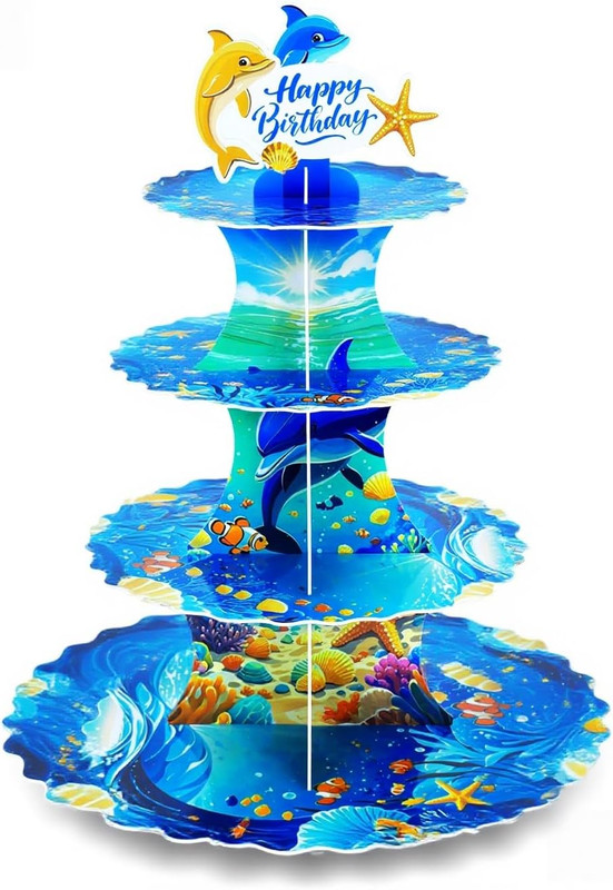 4-Tier Extra Large under the Sea Ocean Reusable Cardboard Cupcake Stand Shark &