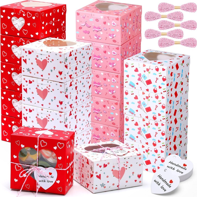 100 Pcs Valentine’s Day Bakery Treat Boxes Pink Cookie Boxes with Ropes and H…