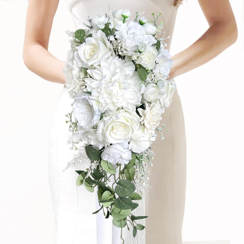 10 Inch White Rose Bouquets for Bride Spring Wedding Cascading Bridal