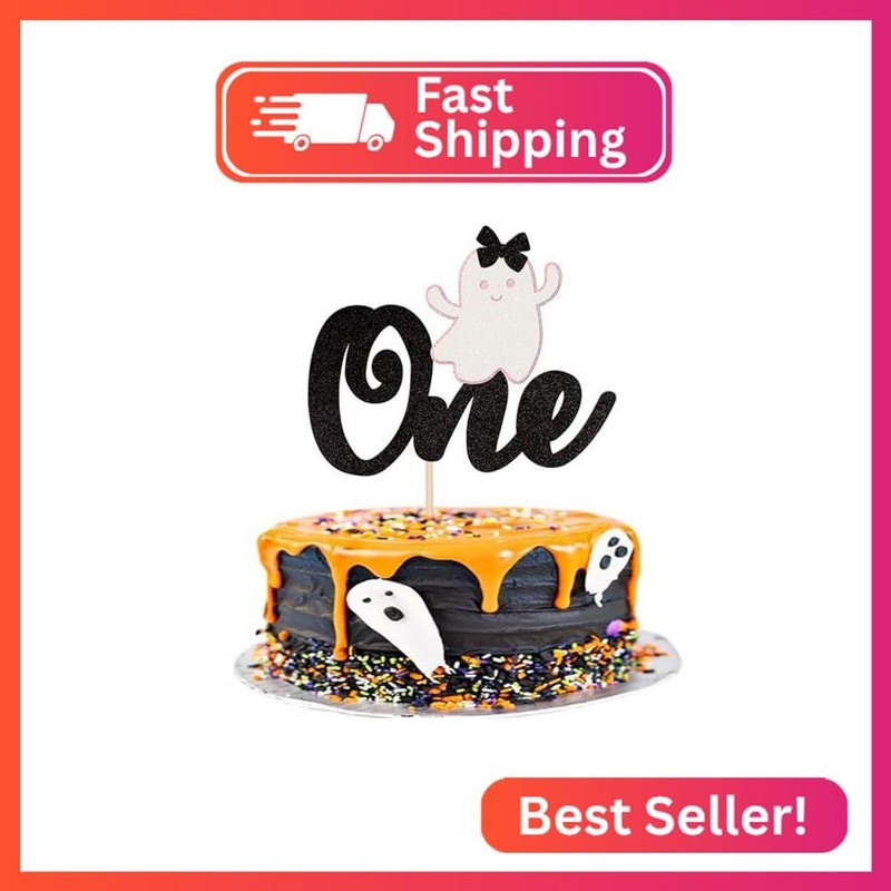 1 PCS Halloween Ghost One Cake Topper Black and Pink Glitter Baby Ghost 1st Birt