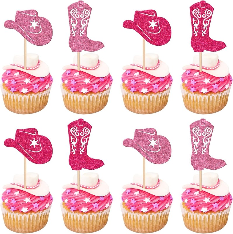 24 PCS Cowboy Cupcake Toppers Glitter Cowboy Hats Boots Cupcake Picks Cowboy
