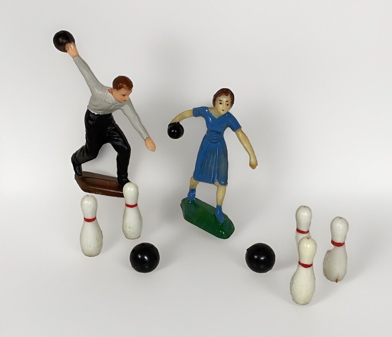 Vintage Bowling Plastic Cake Toppers Man Woman Pins Bowling Balls