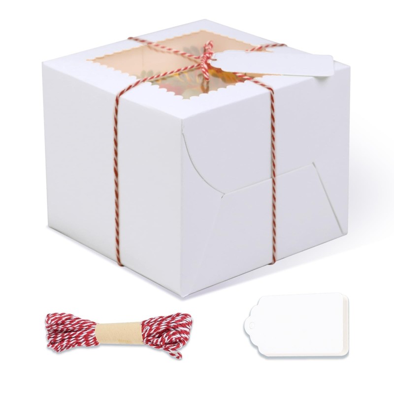 20 PCS White Mini Cake Boxes With Window 6x6x5 Inch 4 Cupcake Packaging