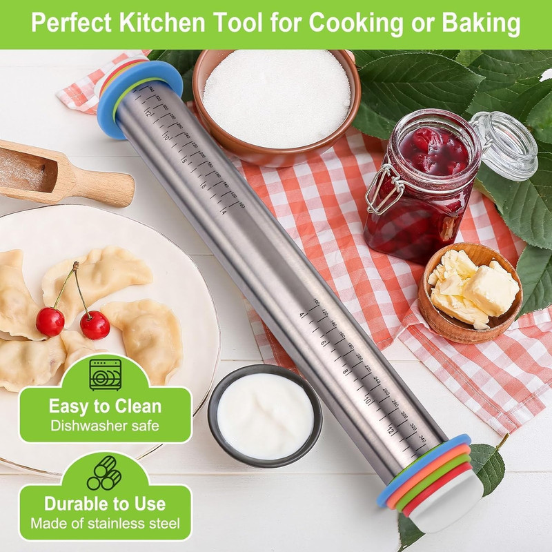 Rolling Pin and Pastry Baking Mat Set, 17-inch Rolling Pins with Adjustable gallery