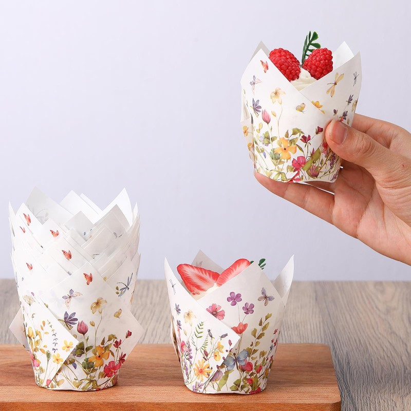 200 Counts Wildflower Tulip Cupcake Liners Baby Shower Baking Cups Spring gallery