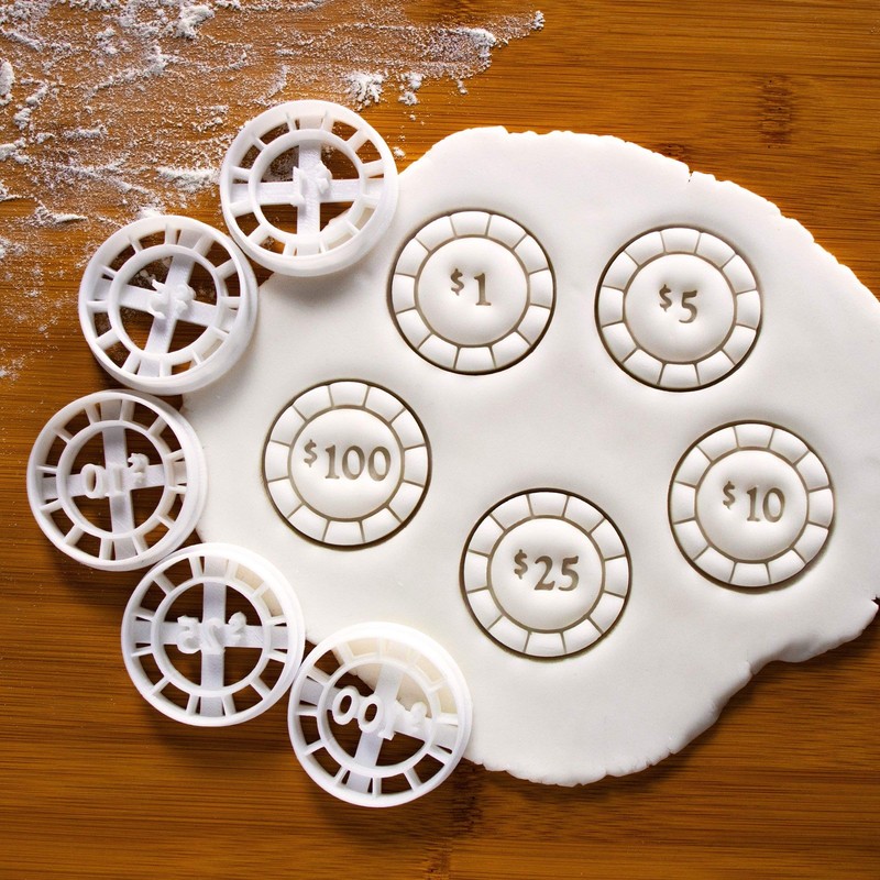 Set of 5 Poker Chip cookie cutters Designs Value 1, 5, 10, 25, and 100, 5 pie... gallery