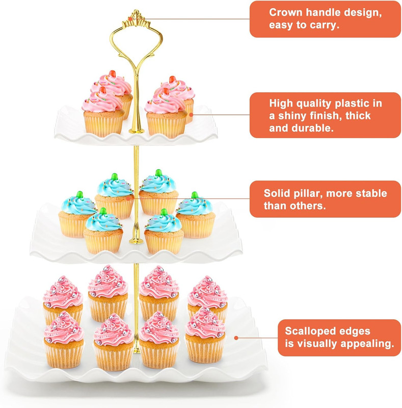 3 Tier Cupcake Stand, Plastic Tiered Serving Stand, Square Dessert Tray for Tea gallery