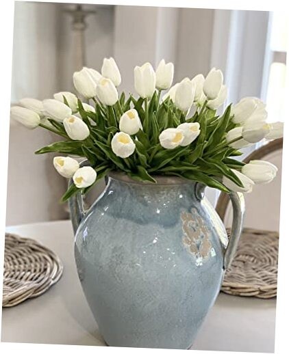 White Tulips Artificial Flowers 18Pcs Faux Silk Tulip Real Touch Tulip Fake