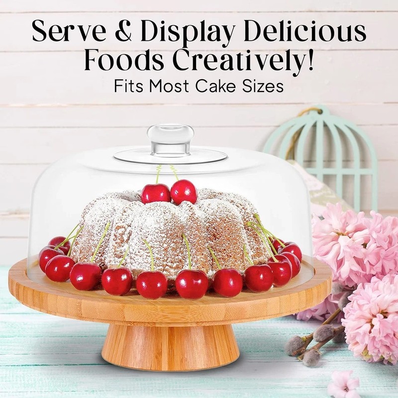 Homeries Bamboo Cake Stand with Lid Cake Plate 6 in 1 Multi-Functional Servin... gallery