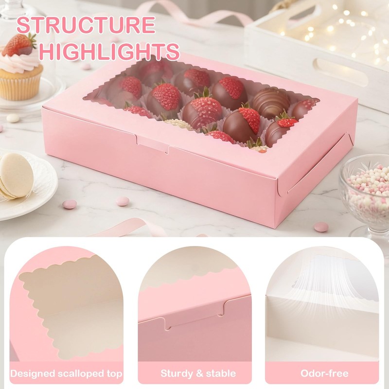 24 PCS Pink Cookie Bakery Treat Boxes Clear Window For Desserts 12x8x2.5 In gallery