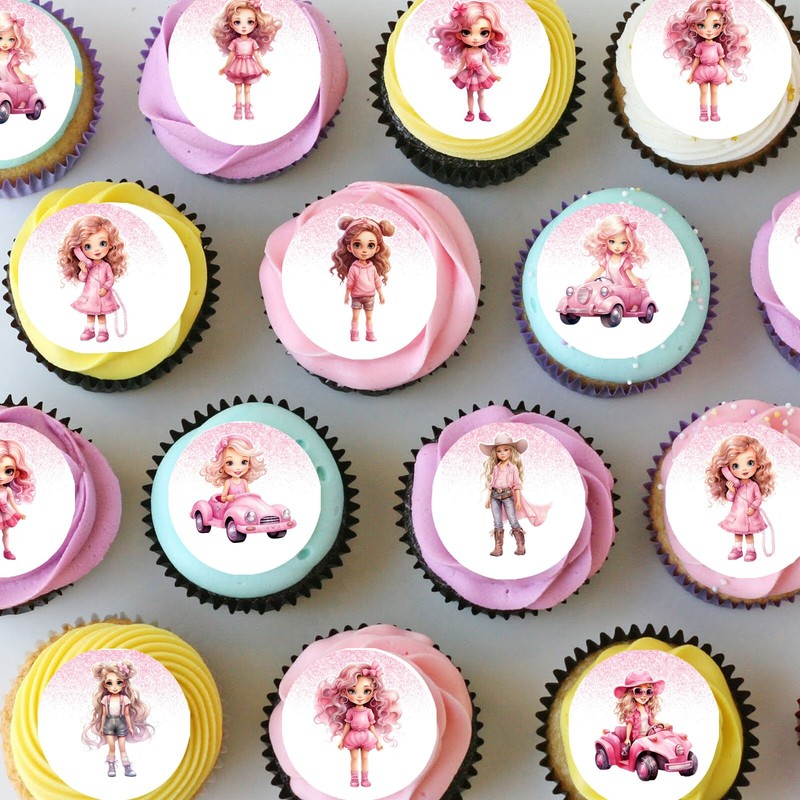 Cute Pretty Pink Doll Dolls Pre-cut Mini Edible Icing Cupcake or Cookie Toppers