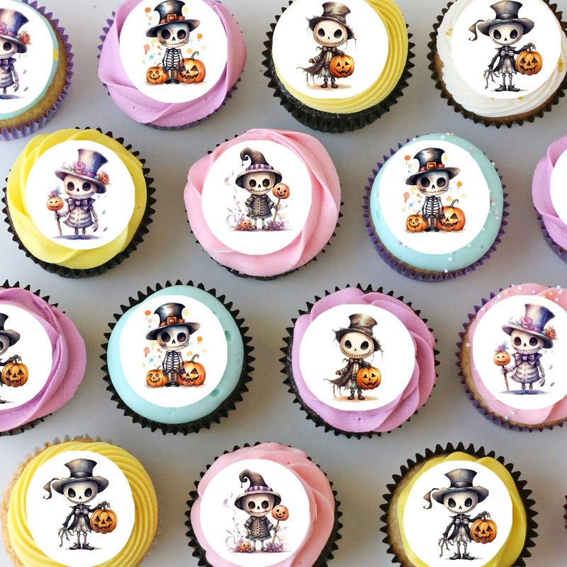 Halloween Skeleton Pumpkin Pre-cut Mini Edible Icing Cupcake or Cookie Toppers