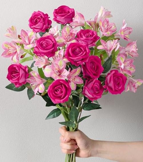 Fake Flowers, 14 Pcs Fake Roses & 10 Pcs Hot Pink Roses & 4 Pcs Pink Lilies gallery