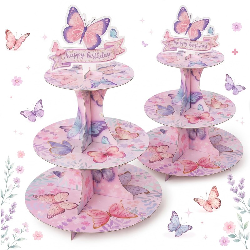2pc 3-Tier Butterfly Cupcake Stand Decoration, Pink and Purple Cupcake Desser…