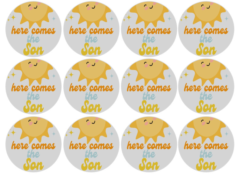 12 pc. Here Comes the Son edible image rounds, choose size, Wafer paper, pre cut