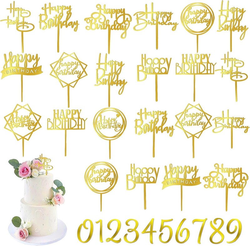 50 PCS Gold Happy Birthday Cake Topper Acrylic Cupcake Topper Pick for Birthday