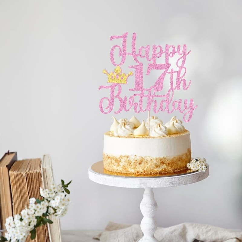 Crown Happy 17th Birthday Cake Topper,Hello 17，Cheers to 17Years,17 years old gallery