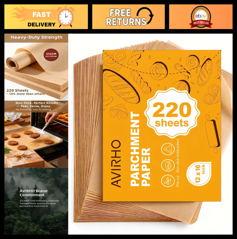 220 Parchment Paper Sheets 12×16″ Non-Stick Baking Liners for Oven & Air Fryer