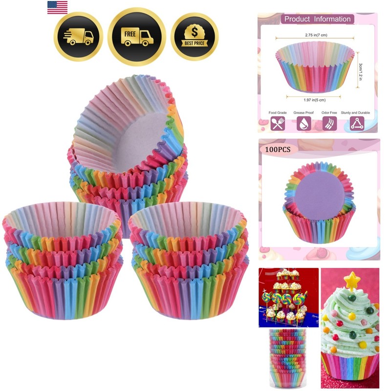 100 Pack Rainbow Cupcake Liners, Standard Size Greaseproof Baking Cups, Color…