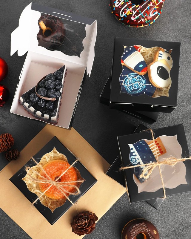100 PCS Black Bakery Boxes With Window Macaron Pastry Boxes 4x4x2.5 Inch gallery