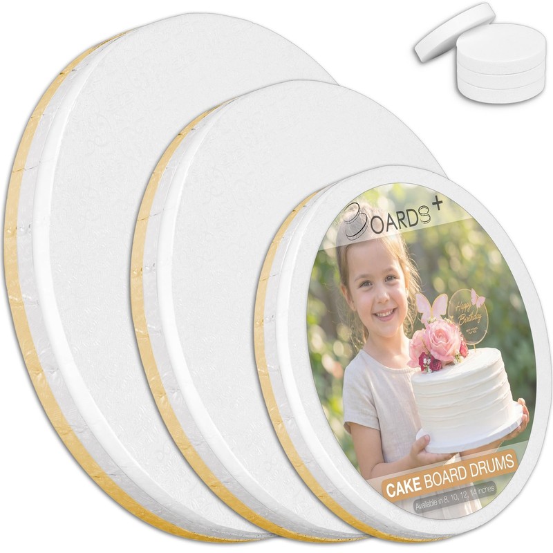 9 Pack Cake Board Drums 8 10 & 12 Inch In White Silver & Gold Color | Free Prop