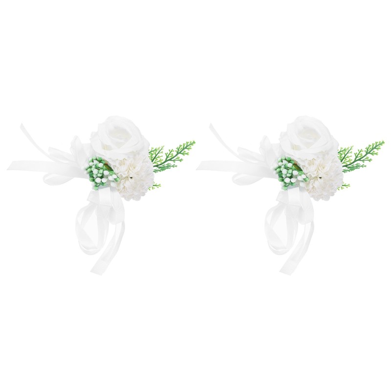 2pcs Wrist Corsage Artificial Flower Bracelets Rose Decorative 10x12cm White