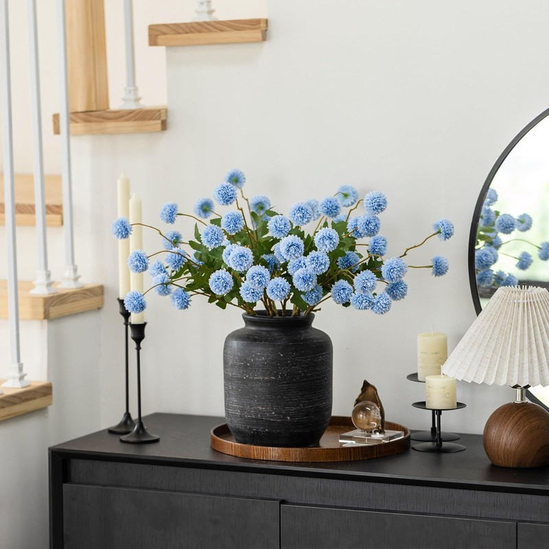 Mizii 6Pcs Blue Fake Silk Pompon Mum Artificial Flowers Bulk Small Faux gallery