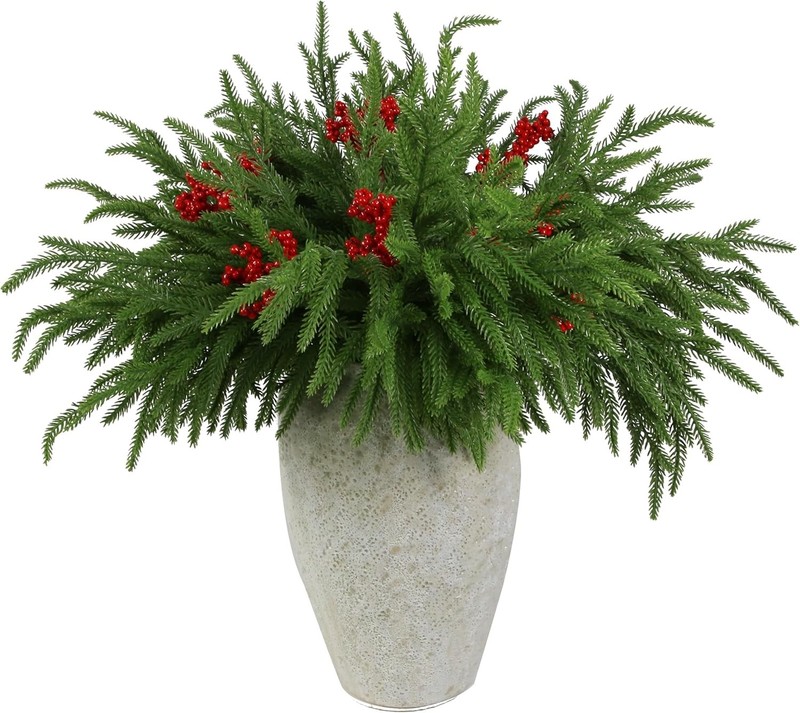 12 Pcs Artificial Norfolk Pine es with 8PCS red Fruits 18″ Plastic
