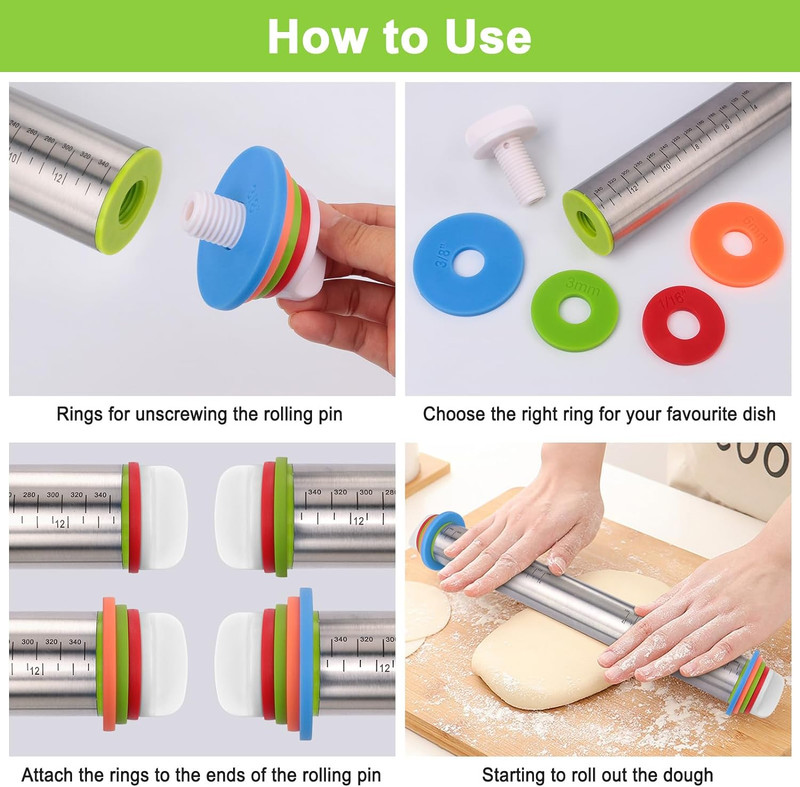 17” Stainless Steel Adjustable Rolling Pin with Thickness Rings gallery