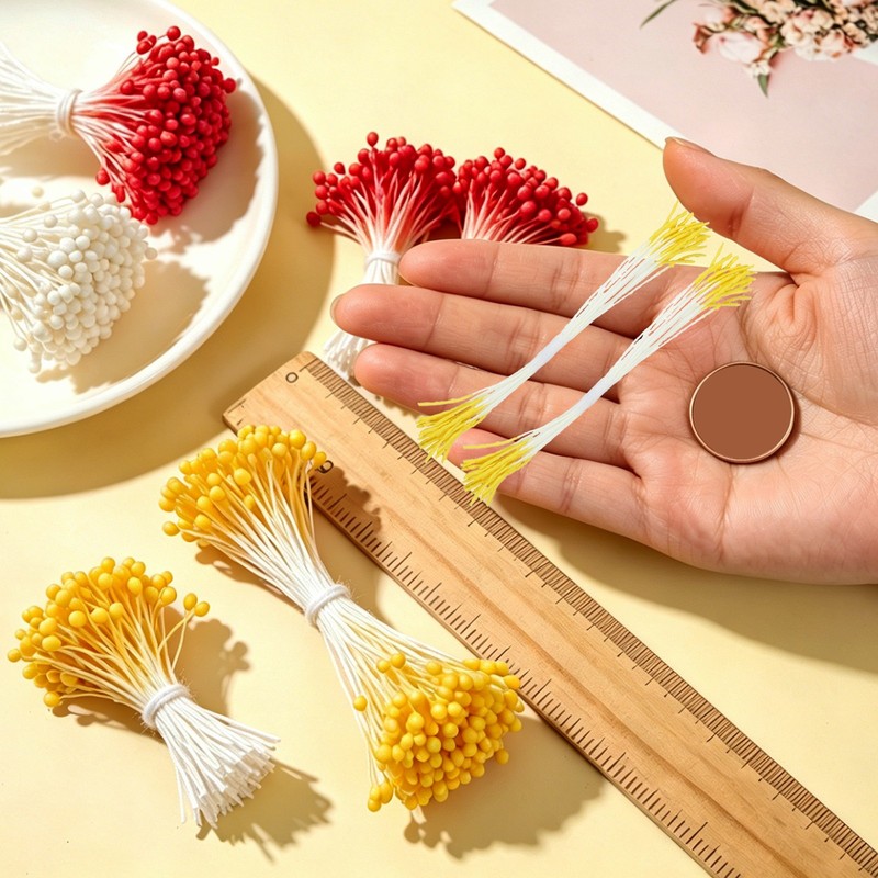 100Pcs 10mm Double Heads Flower Stamen Artificial Flower Stamen Pistil Yellow gallery