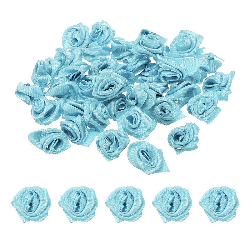 70Pcs Mini Satin Ribbon Roses Fabric Flowers Embellishments Rosettes Light Blue