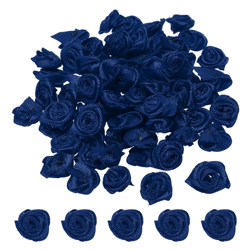 50Pcs Mini Satin Ribbon Roses Fabric Flowers Embellishments Rosettes Navy Blue