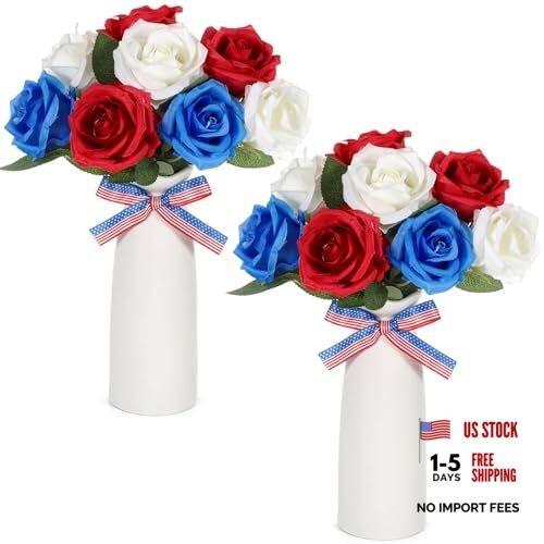 2 Sets 4th of July Artificial Flowers and Vase Red Blue White Patriotic Rose