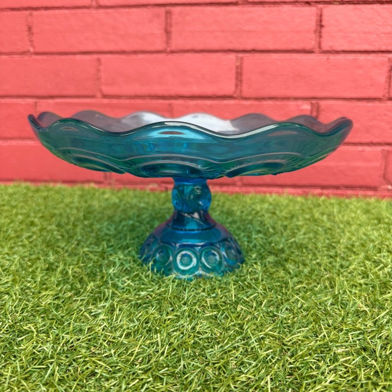 Vintage LE Smith Teal Moon and Stars Glass Pedestal Cake Stand Candy Dish gallery