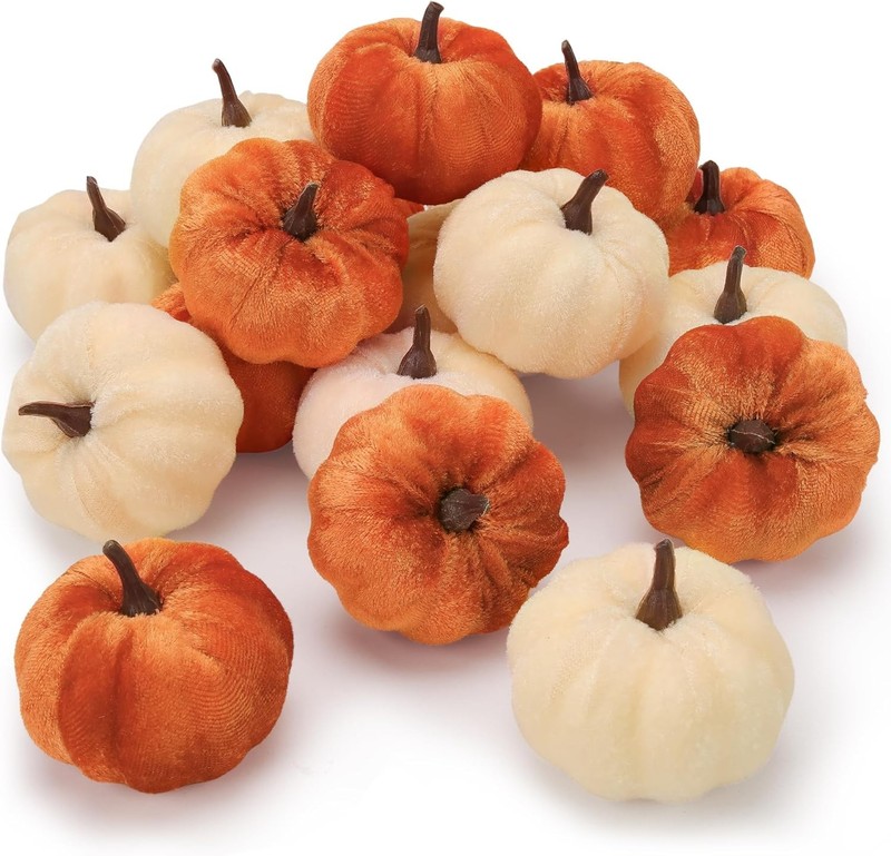 16 Pcs Faux Veet Pumpkins Small Artificial Fall Harvest Pumpkin