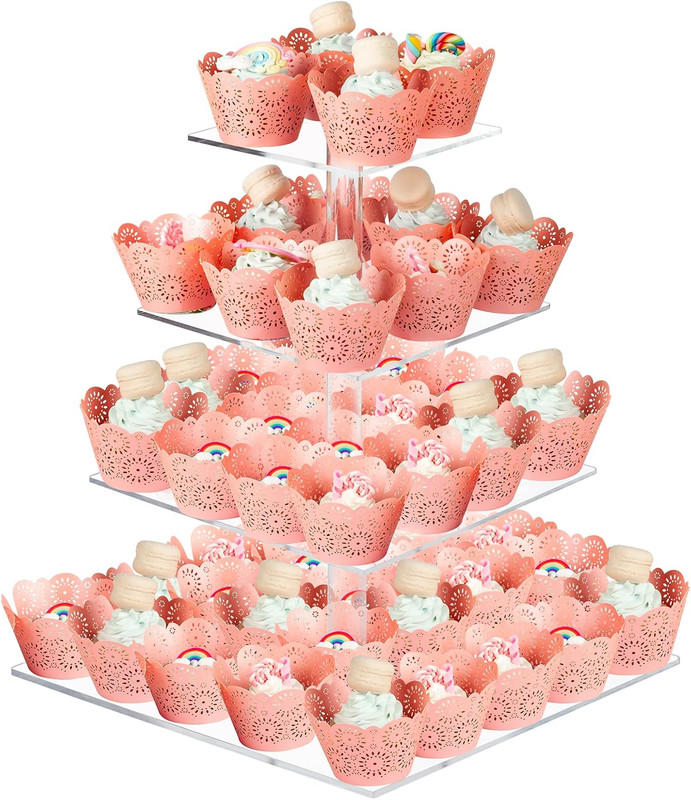 Cupcake Stand, 4 Tier Square Acrylic Cupcake Display Stand Holder, Clear Dessert