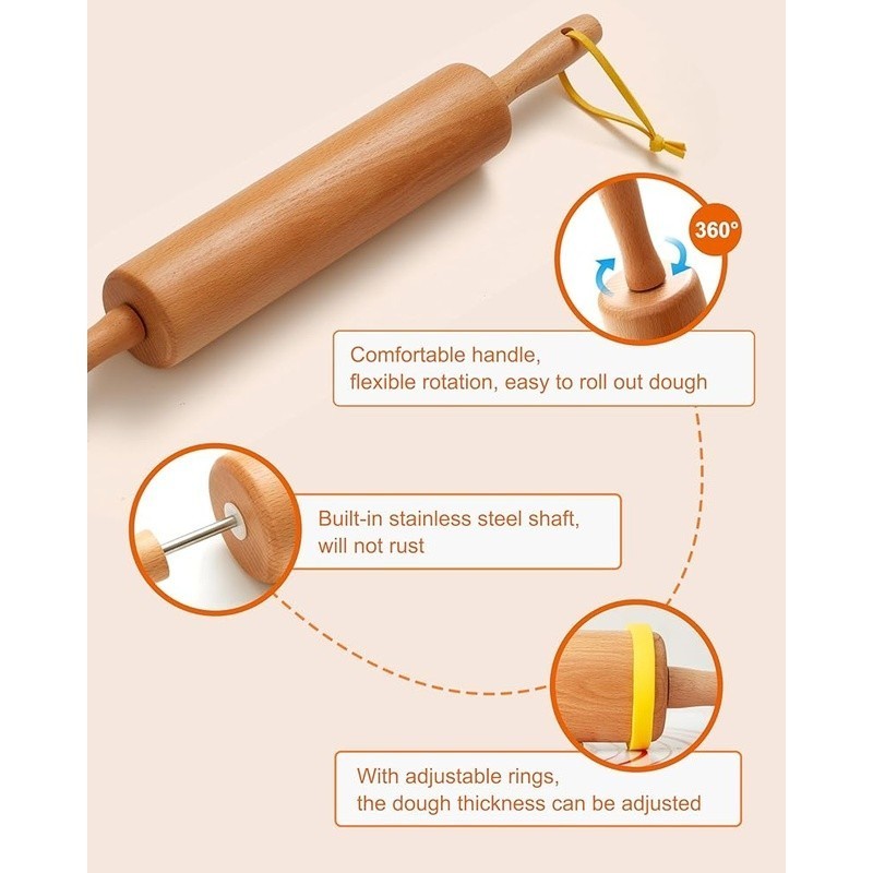 Beech Wood Rolling Pin Set Adjustable Thickness Rings Silicone Pastry Mat Stand gallery