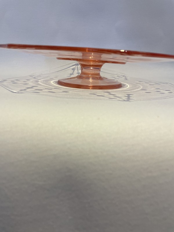 Vintage pale pink depression glass raised cake plate gallery