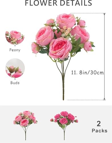 Packs Peonies Artificial Flowers, Small Silk Rose Pink 2 Rose Red & Pink gallery